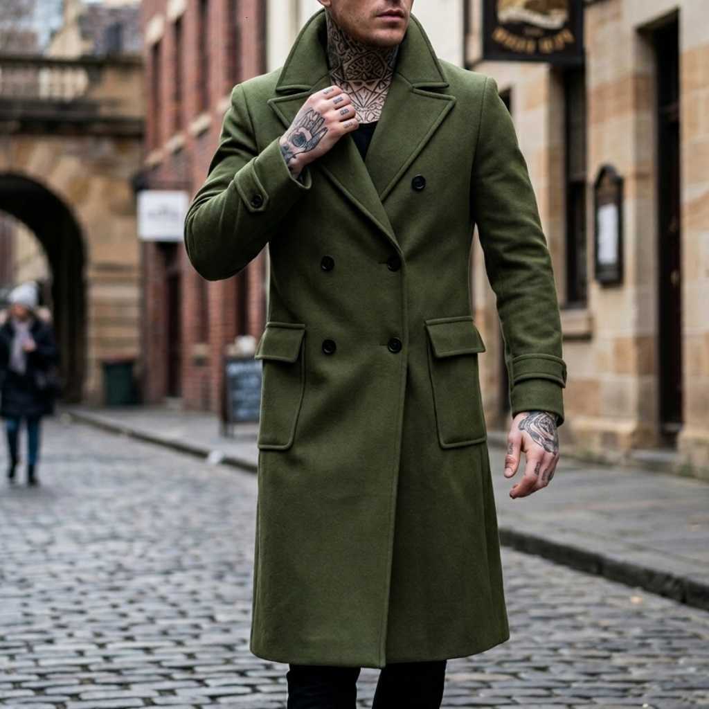 Double Men's Wool Blends Men's Breasted Knee-Length Trench Coat | Fall Winter Business Casual Overcoat Warm Outerwear Wool Blend Jacket Ou