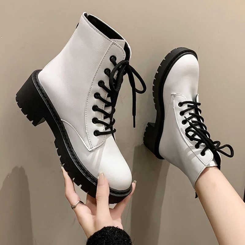 Botas gruesas con plataforma para mujer, botas blancas de combate, con cremallera trasera, Botines de Cuero de Pu, Punk, parte inferior gruesa, moto