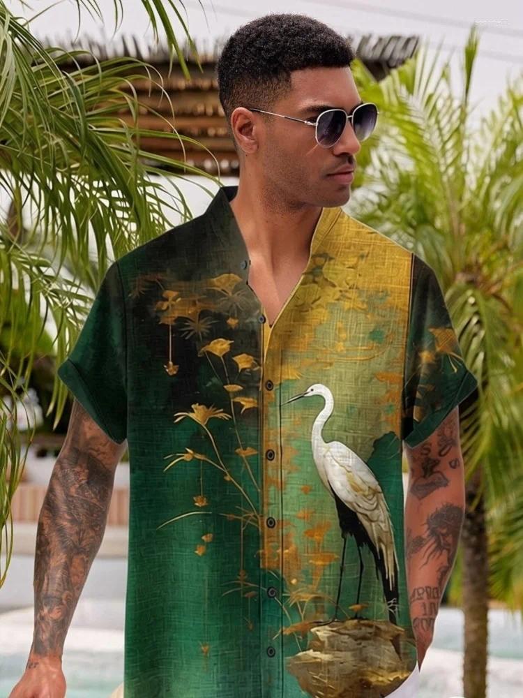 Retro Tropical Jungle Bird Graphic Print Men Stand Collar Short Sleeve Shirt Breathable Casual Resort Vacation Loose Fit Tops