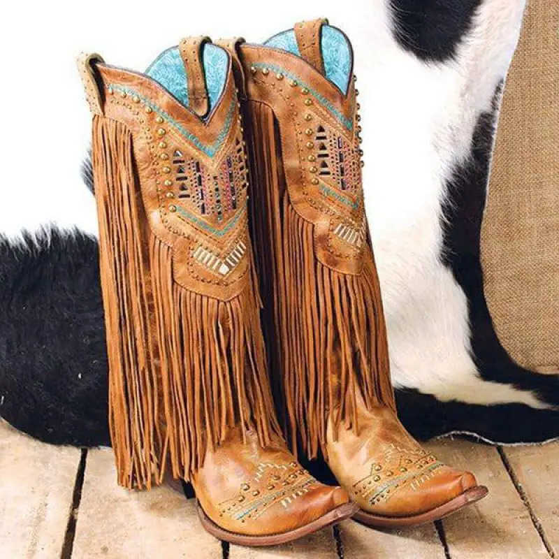 PU Boots Boots Ethnic Women Square Heel Square Toe Slip-on British Style Korean Style Mid-Calf Tassel Womens Shoes New 46 H260921