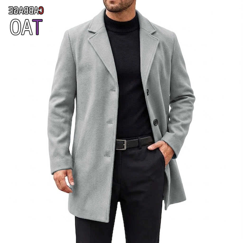 Mens Men's Autumn Wool Blends Timeless Blend Outerwear Mid Length Trench Overcoat Winter Thermal Blazer Lapel Relaxed Outer Garment with Pocket
