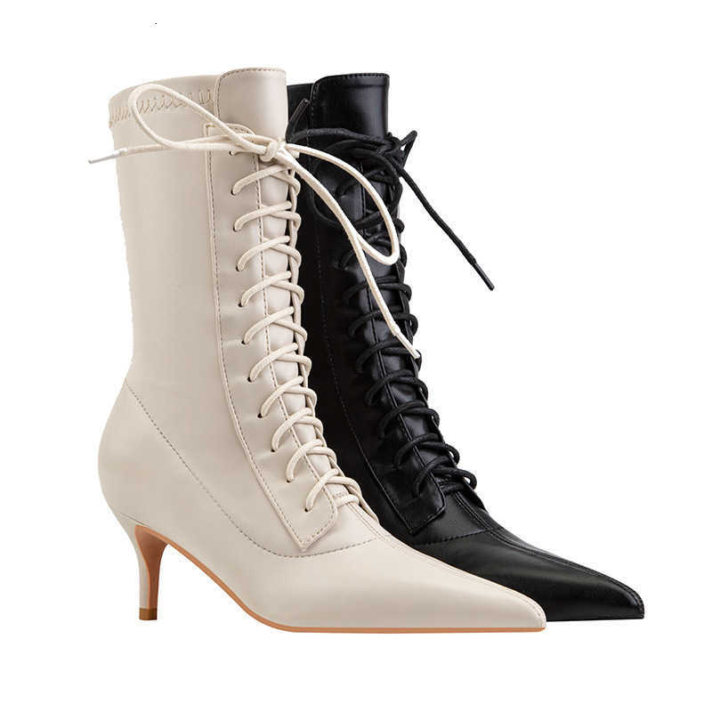 Botas para mujer 2022, botas a la moda con cordones y tacones finos puntiagudos, botas elásticas para mujer, botines de talla grande 43 para mujer H