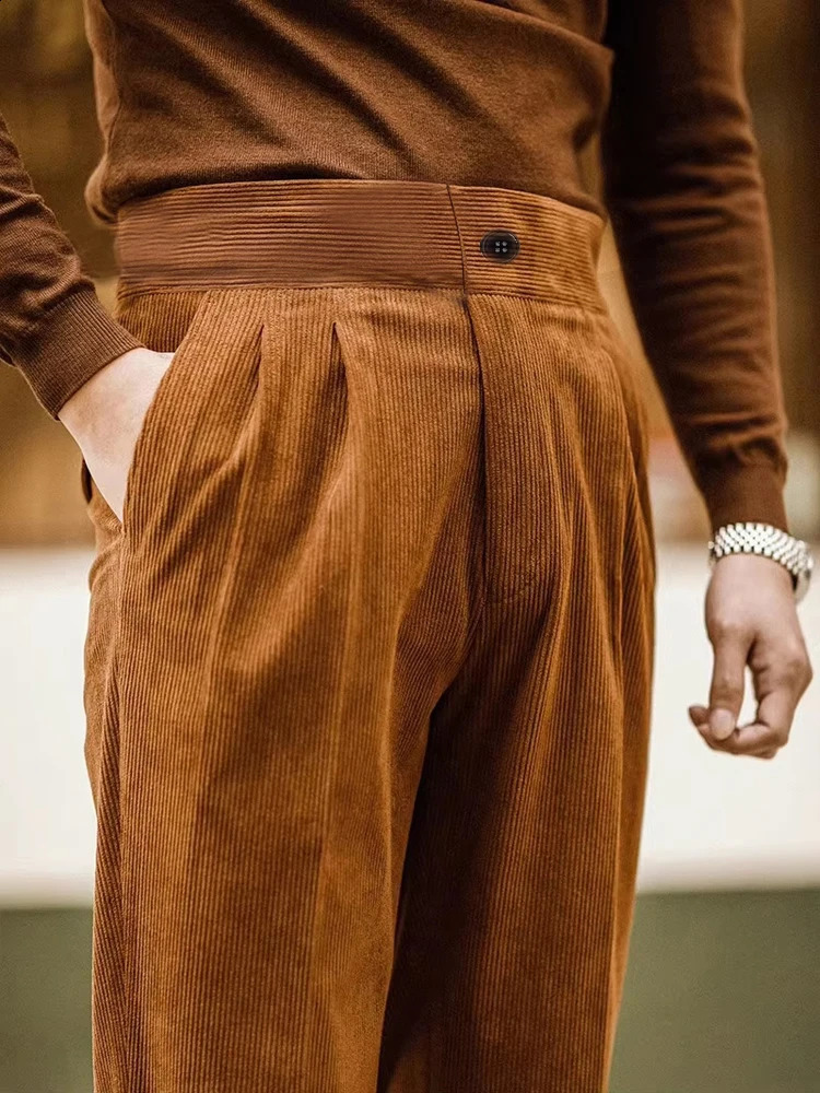 Mens Corduroy Slim Fit Suit Pants Solid Color Tall for Autumn Winter Seasonal Wear Business Casual Trousers 260921