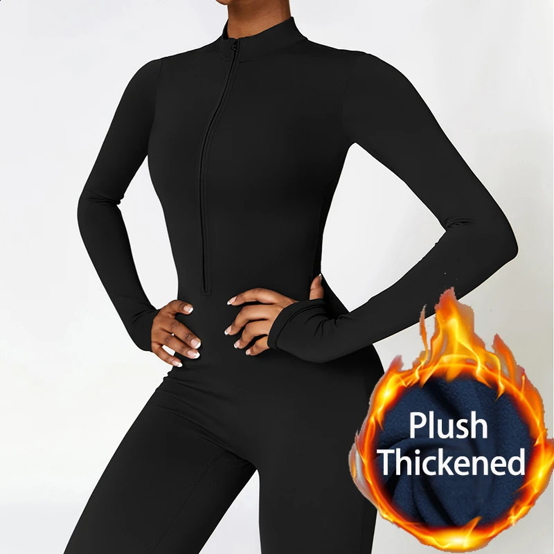 Warm Plush Sports Jumpsuits Women's Tracksuit One-Piece Fitness Suit Winter Gym Sets Long Sleeves Black Exercise Bodysuit Woman 260921