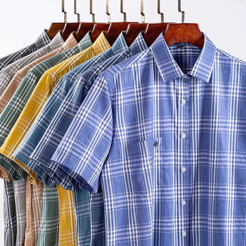 Korean Men's Casual Shirts Fashion Popular Clothes Plus Size 100% cotton Summer Short Sleeve Shirts for Men Slim Fit Plaid Shirt H260921