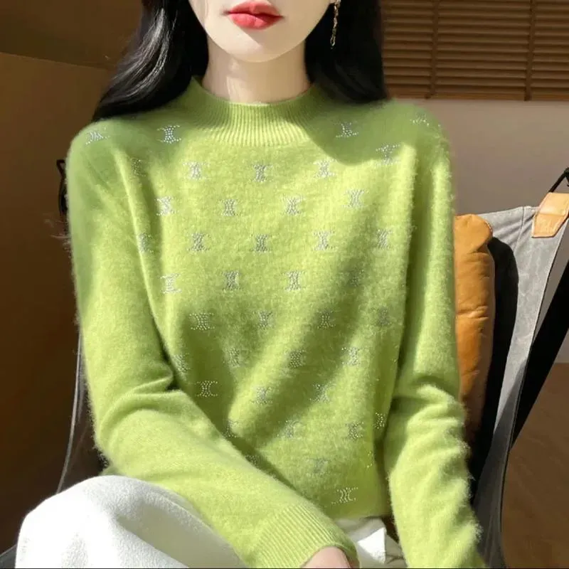 Designer Pullovers Thick Warm Cashmere Sweater Harajuku Womens Loose Basic Collar Solid Simple Full Match Knitted Jumper casual Top Jumper Embroider