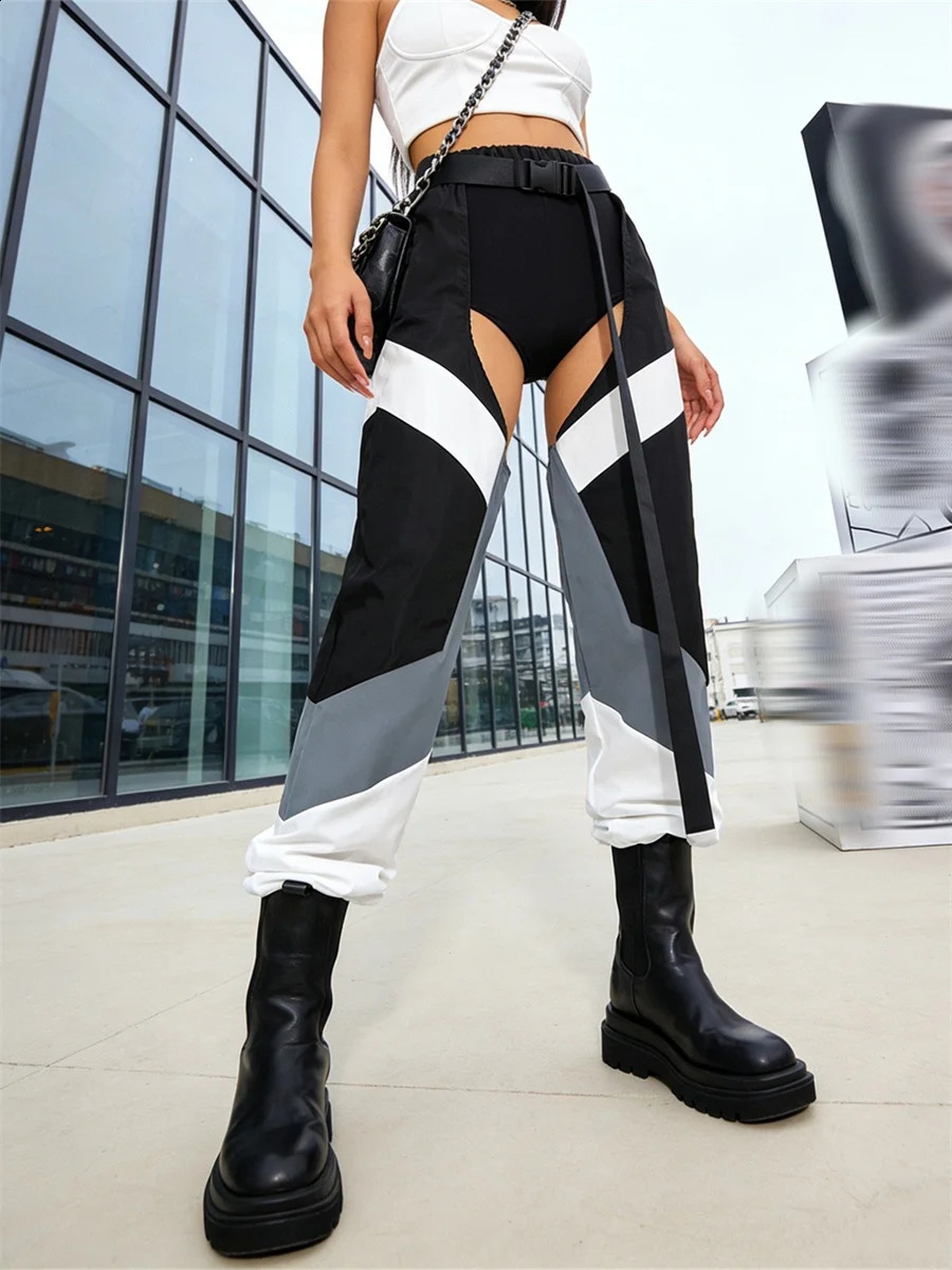 Women Loose Cargo Pants Constant / Solid Color High Waist Buckle Hollow Out Trousers Club Gothic Punk Sexy Long Pant 260921