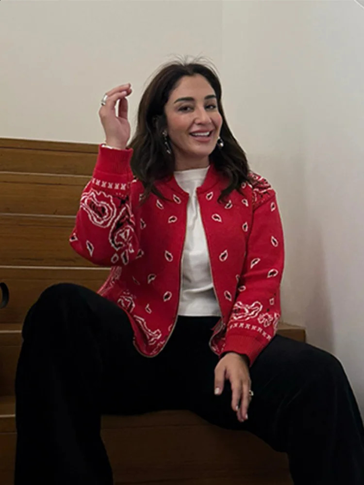 Knitted Jacquard Paneled Cardigan Womens Oneck Zipper Long Sleeve Lady Vintage Loose Sweaters 2026 Spring Fashion Street Coat 260918