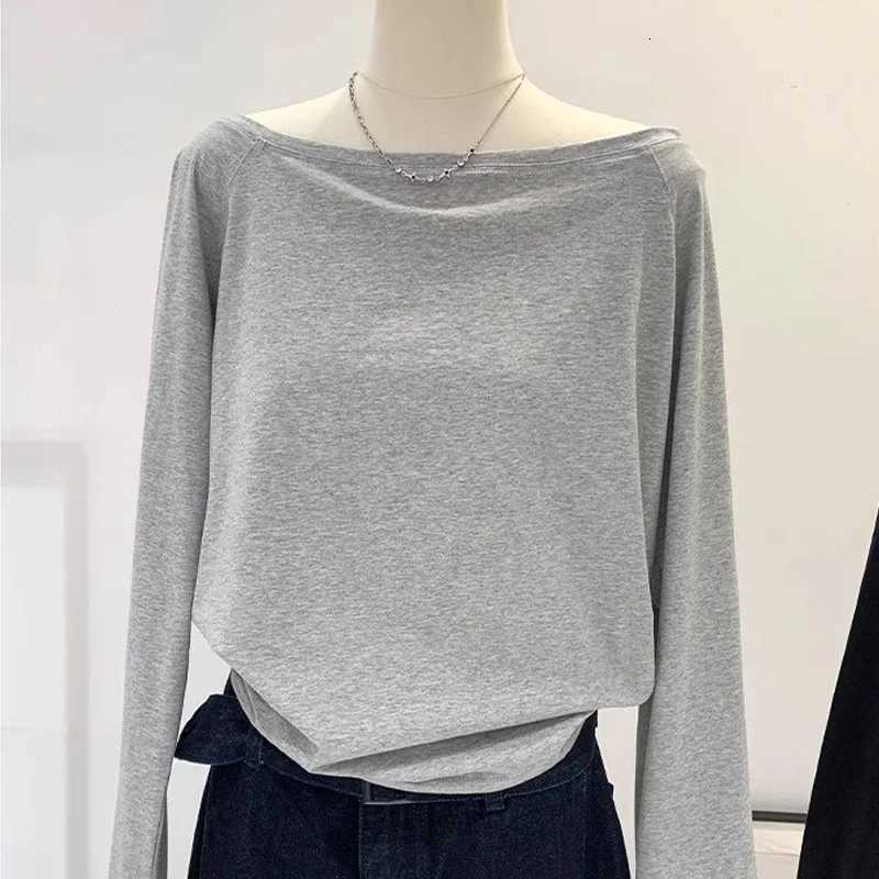 Women's T-Shirt Autumn Winter One Shoulder Cotton Long Sleeve Slant Shoulder Women's Clothing Style Interior Wide Truffle Shoulder Base Sh