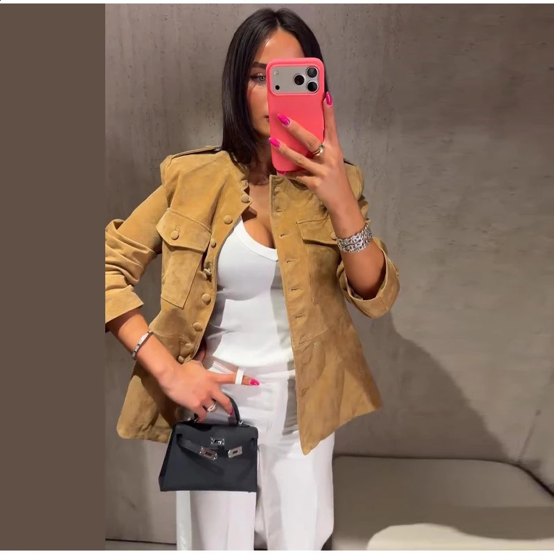 Elegant Women's Suede Short Jacket Slim Waist Cinched Stand Collar Long Sleeve Single Breasted Coats Autumn Ladies Jackets 260920