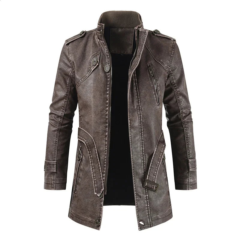 Cappotto da uomo in pile spesso invernale in pelle Cappotto lungo Capispalla Moda caldo Abbigliamento casual vintage per uomo Steampunk Biker Jaquet
