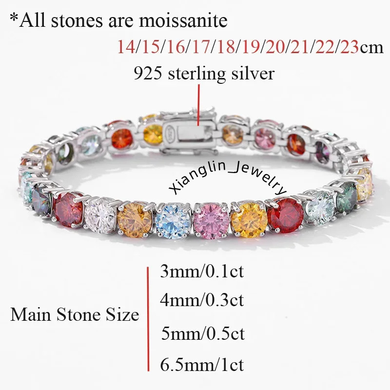3MM 4MM 5MM 6.5MM Colored Tennis Moissanite ZirconGemstone Bracelets Hand Chain 100% 925 Sterling Silver Fine Jewelry Party Gift