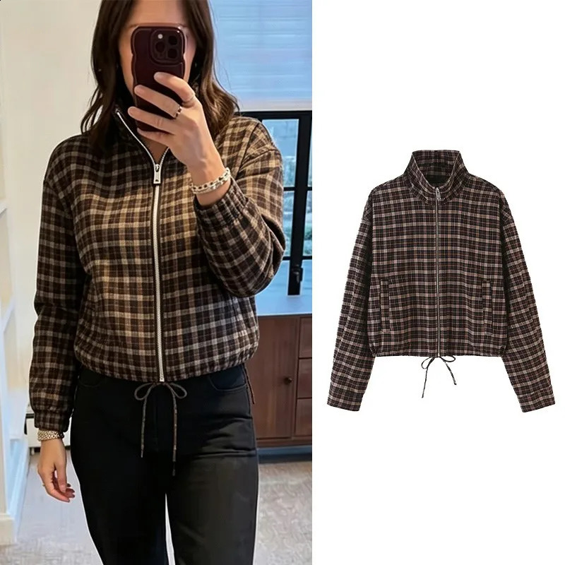 HipSeam Women's Check Jackets With Belt High-Neck Long Sleeve Zipper Woman Winter Jacket Chic Female Coats 260920