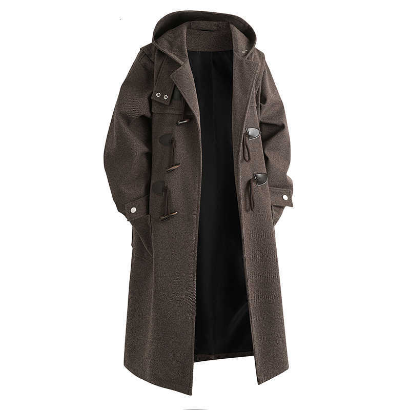2026 Men's Wool Autumn Blends Winter Woolen Coats Men Hooded Trench Fashion Loose Casual Streetwear Long Outwear Coat Male Button Windbreaker D