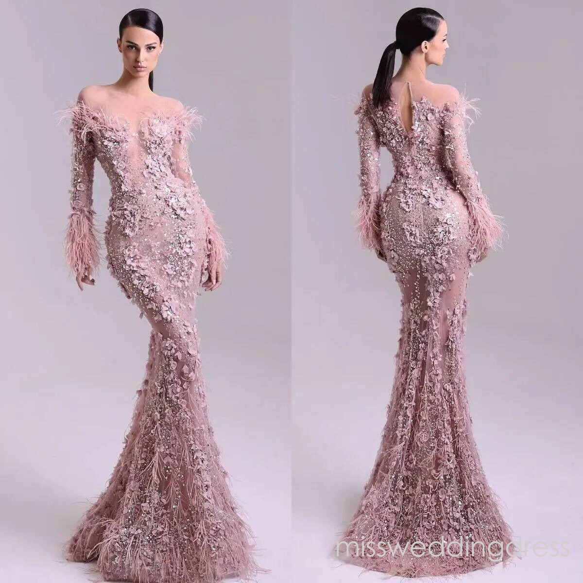 Gorgeous Dust Pink Appliqued Mermaid Evening Feathers Long Sleeves Gala Women Floor Length Prom Party Dresses For Special Occasions Bc21024 Bd916