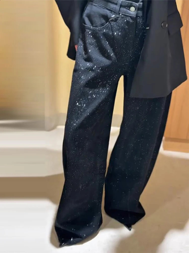 Y2k Women Shiny Rhinestone Denim Pants Wide Leg Straight Full Diamond Jeans for Female Dragging High Street Outwear Trousers 260918