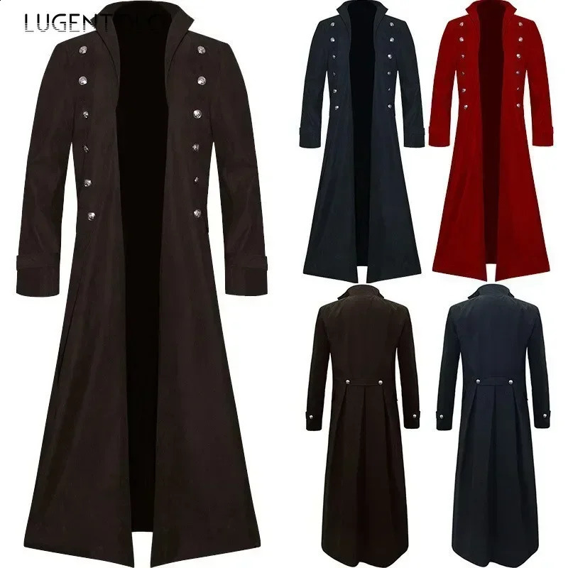 Men Gothic Trench Medieval Steampunk Retro Coat Double-breasted Trim Solid Men's Lapel Coats Vintage Long Jackets 260921