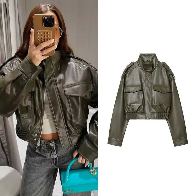 Women's HipSeam Women's Leather Jackets Short Jacket With Elastic HemStand-Neck Long Sleeve Shoulder Tabs Woman Winter Jackets Chic Female