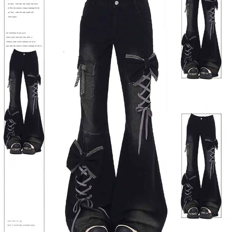 Women's Low Rise Flare Jeans Bow Lace Up Japanese ner Denim Pants Shoujo Y2k American Retro Bell Bottom Harajuku y260911