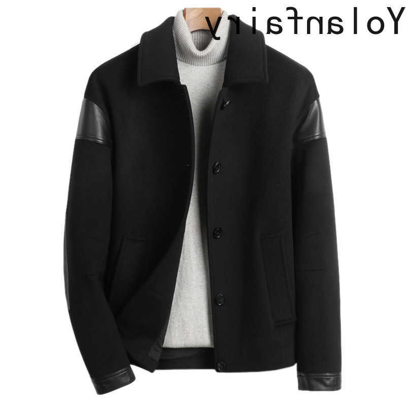 Wool Blends YOLANFAIRY New Men's 95% Wool Coat Man Clothing 2025 Autumn Short Cashmere Mens Jacket Patchwork Sheepskin Leather Men Coats D26092