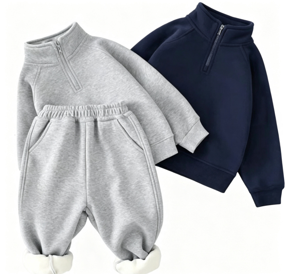 Conjunto de sudadera con capucha de invierno para niños con forro polar de diseño, ropa deportiva gruesa y cálida de manga larga, conjunto de sudade