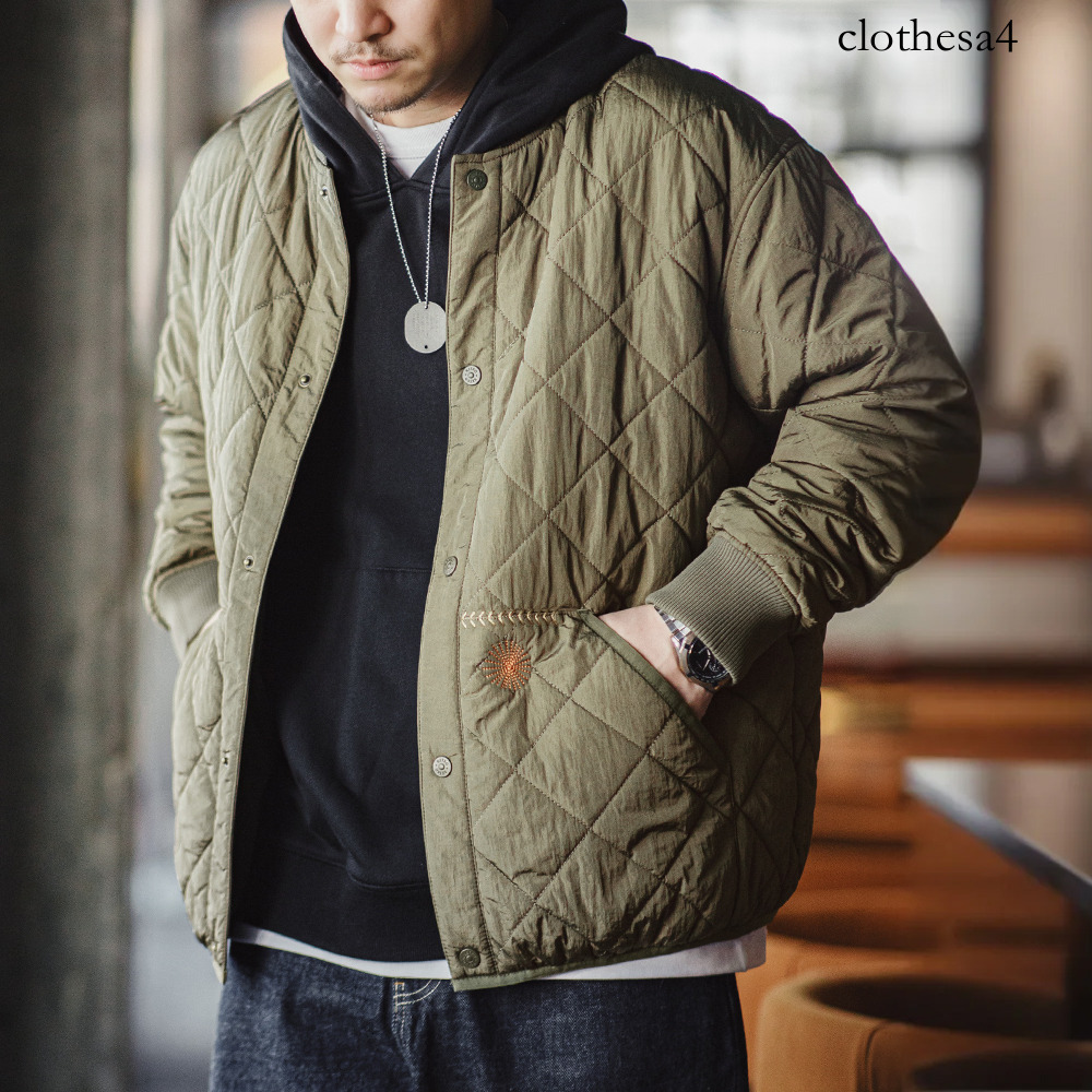 Maden Giacca da baseball trapuntata casual Spessa e calda imbottita Capispalla vintage verde per uomo Cappotto versatile invernale con tasche