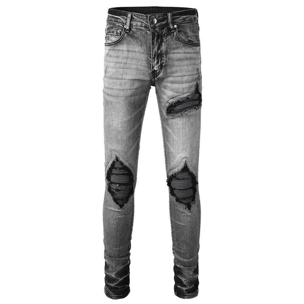 Men's Distressed Patchwork Tapered Skinny Jeans Pleated Flannel Patch Stretch Denim Pants S260921RFER