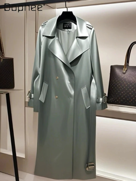 Light y Fashion Simple Satin Temperament Long Trench Coat Women Commuter Style High-end Fashion Belt Double-breasted Trench 260921