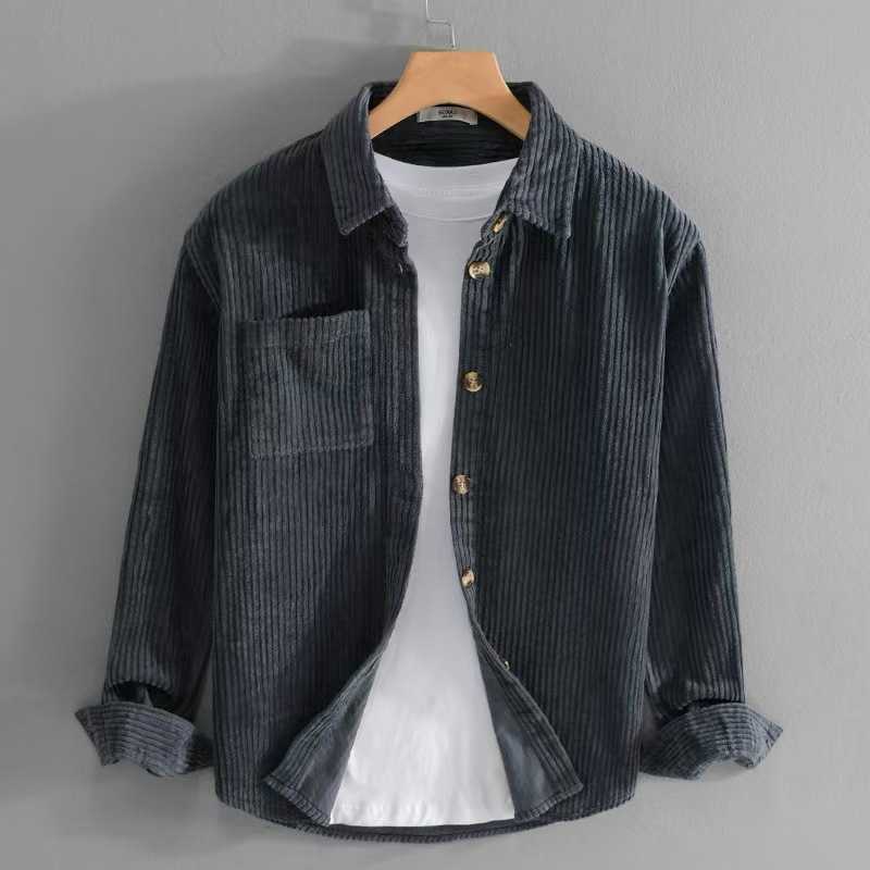 Spring Men's Casual Shirts Fashion and Autumn Corduroy Long-sleeved Shirt Men's Japanese Simple casual Solid Color Cardigan Coats Retro Tr
