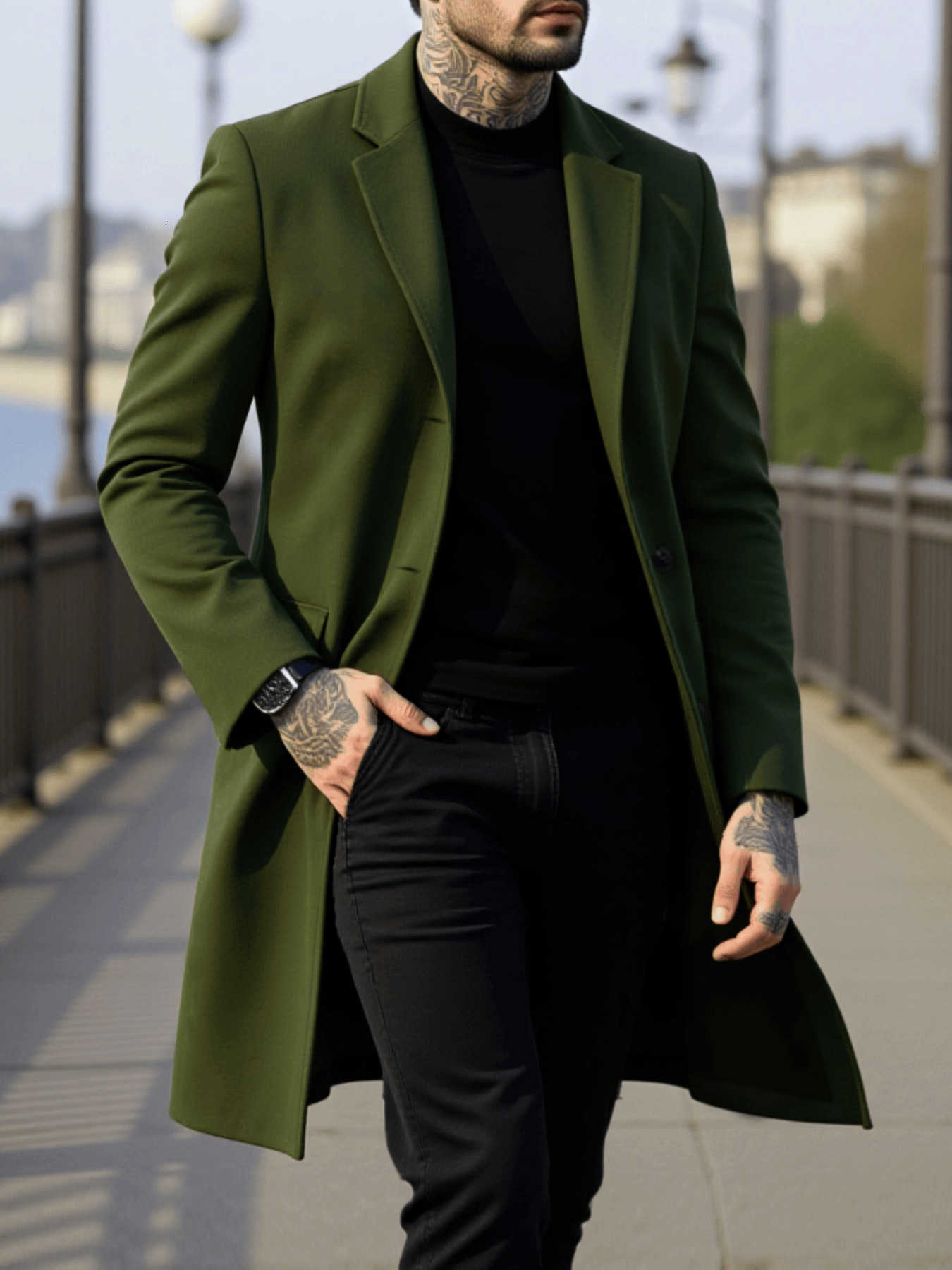 Simple Blends Men's Trench Wool Single-Breasted Wool Blend Coat Autumn Winter Style Thickened Warm Workplace Daily Wear Fashionable Streetwear