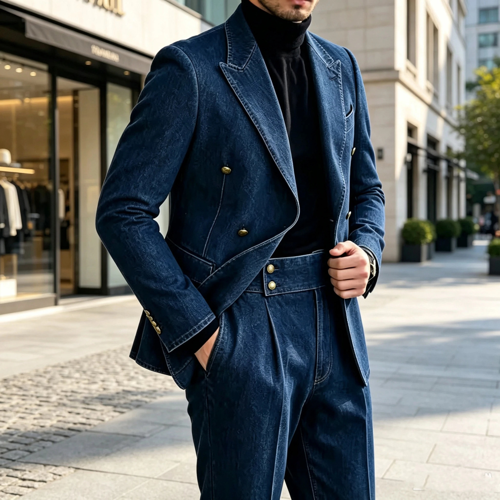 Fashion Denim Mens Suit Classic Double Breasted Lapel Slim Fit 2 Pieces Jacket Blazer Pants Elegant Causal Style 260922