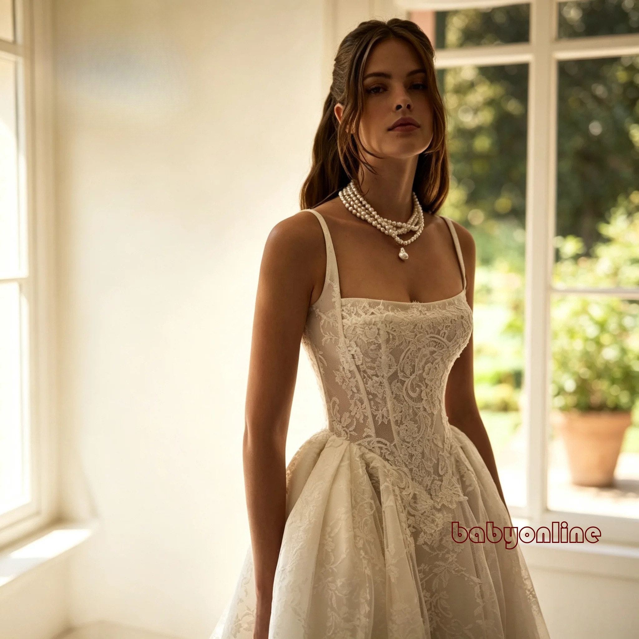 White Ivory Lace Satin Wedding Dresses A Line Spaghetti Strap Appliques Floor-Length Formal Bride Wedding Gowns Custom Made
