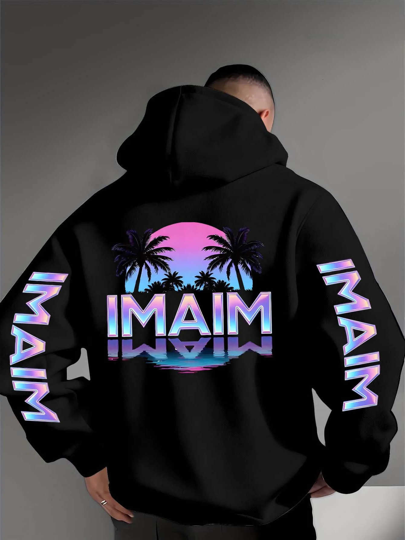 Hoodies Sweatshirts 2026 New Men's Retro Sunset Palm Tree Print Hoodie Men's Gradient Letter Print sleeve Hoodie Beach Casual Unisex Hoodi