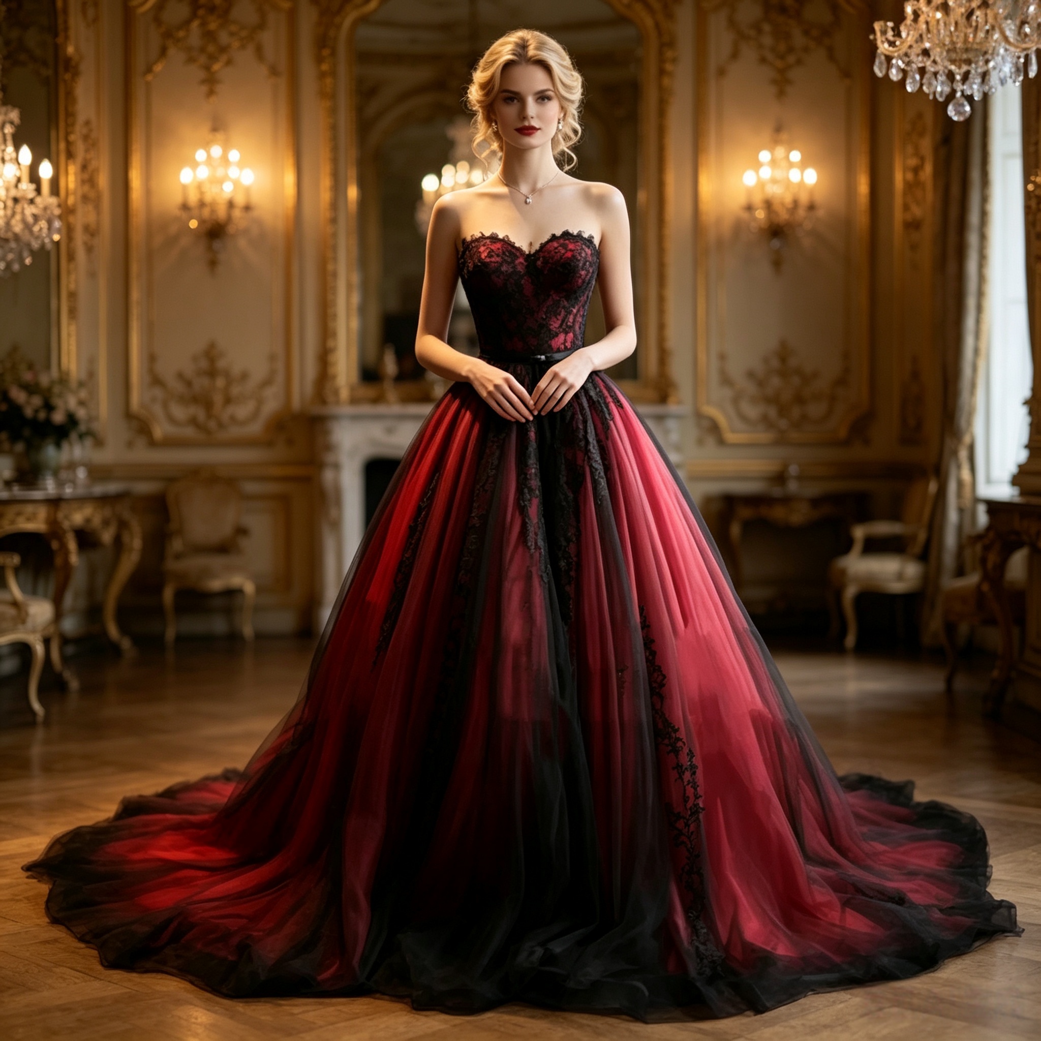 Black And Dark Red Gothic Wedding Dress Strapless Tulle A-Line Long Vintage Bridal Gowns Back Lace-Up Chapel Train Bride Dresses Custom Made