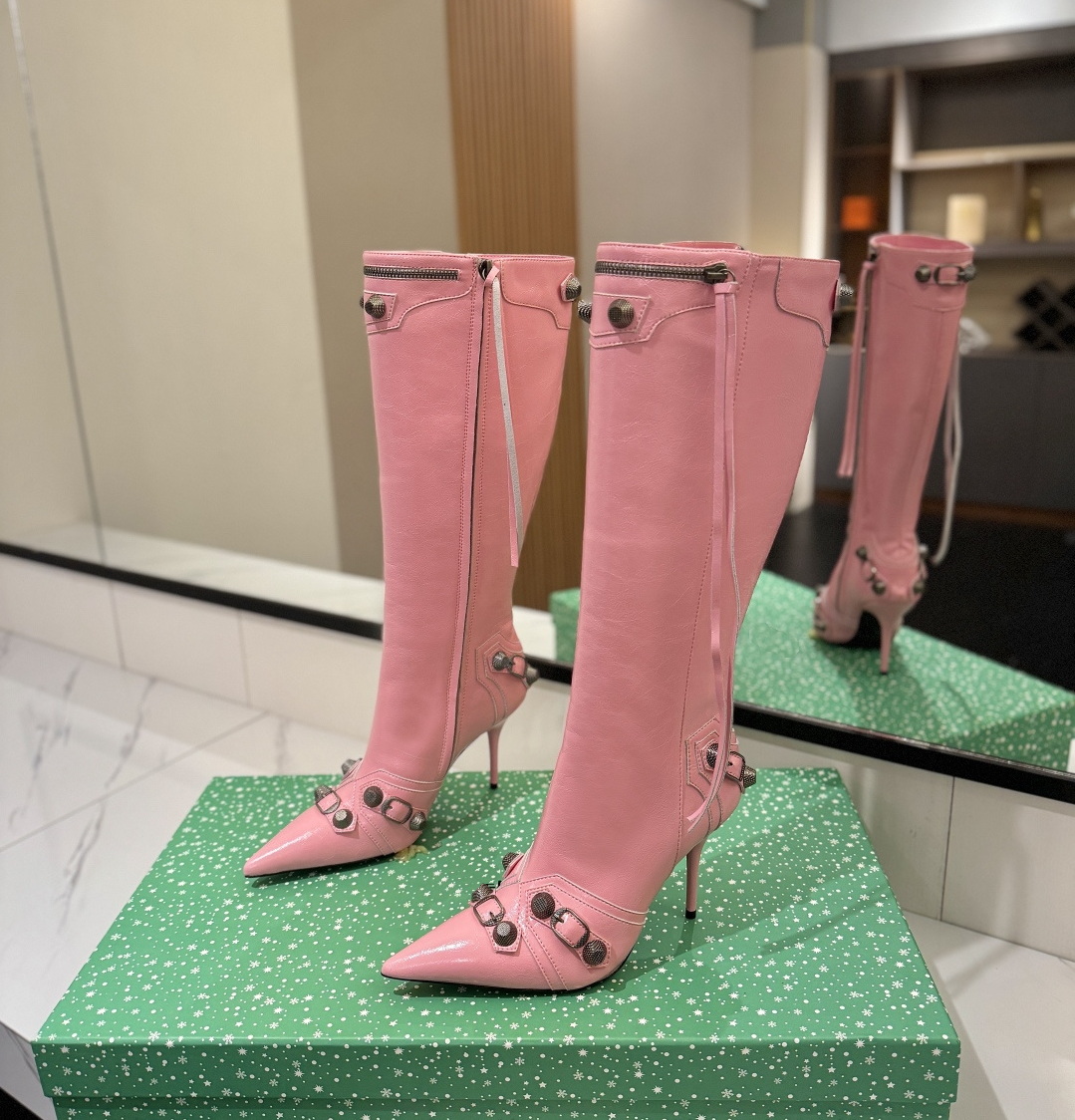 Zapatos de vestir de lujo Diseñador de alta calidad para mujer Botas altas hasta la rodilla Punta puntiaguda Tacón de aguja Cremallera lateral Decor