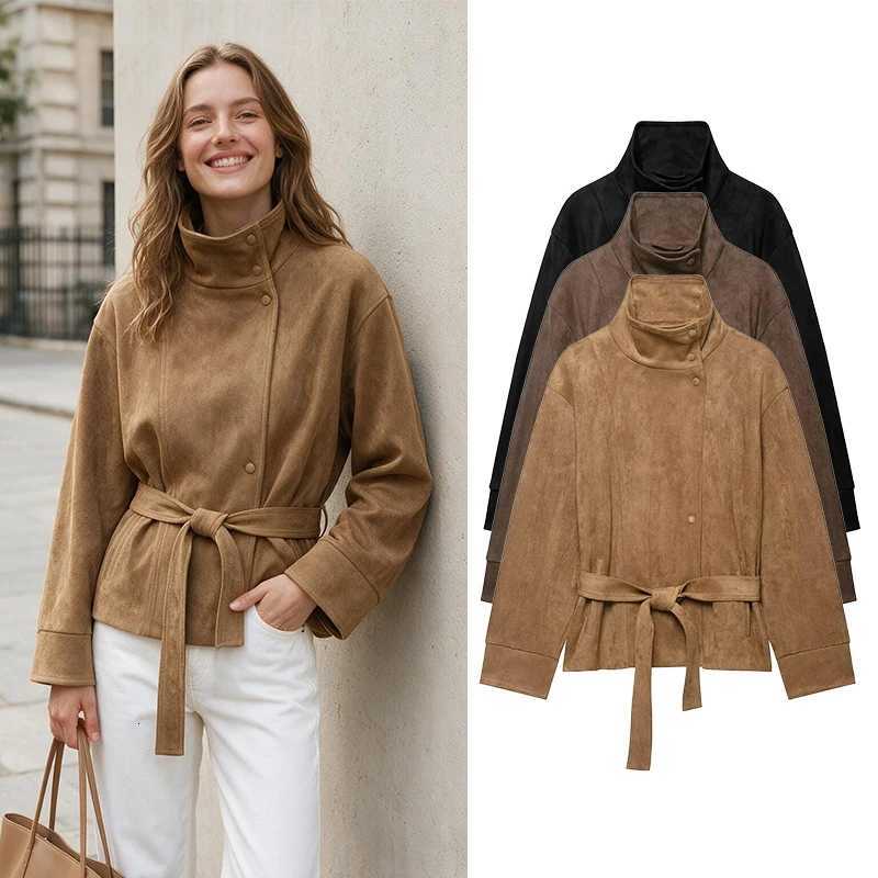 Solid Women's Jacket Women's Jackets Suede Bomber Jacket With Belt Woman Long Sleeve Pocket Coat Female Fashion 2026 Fall Winter Slim Oute
