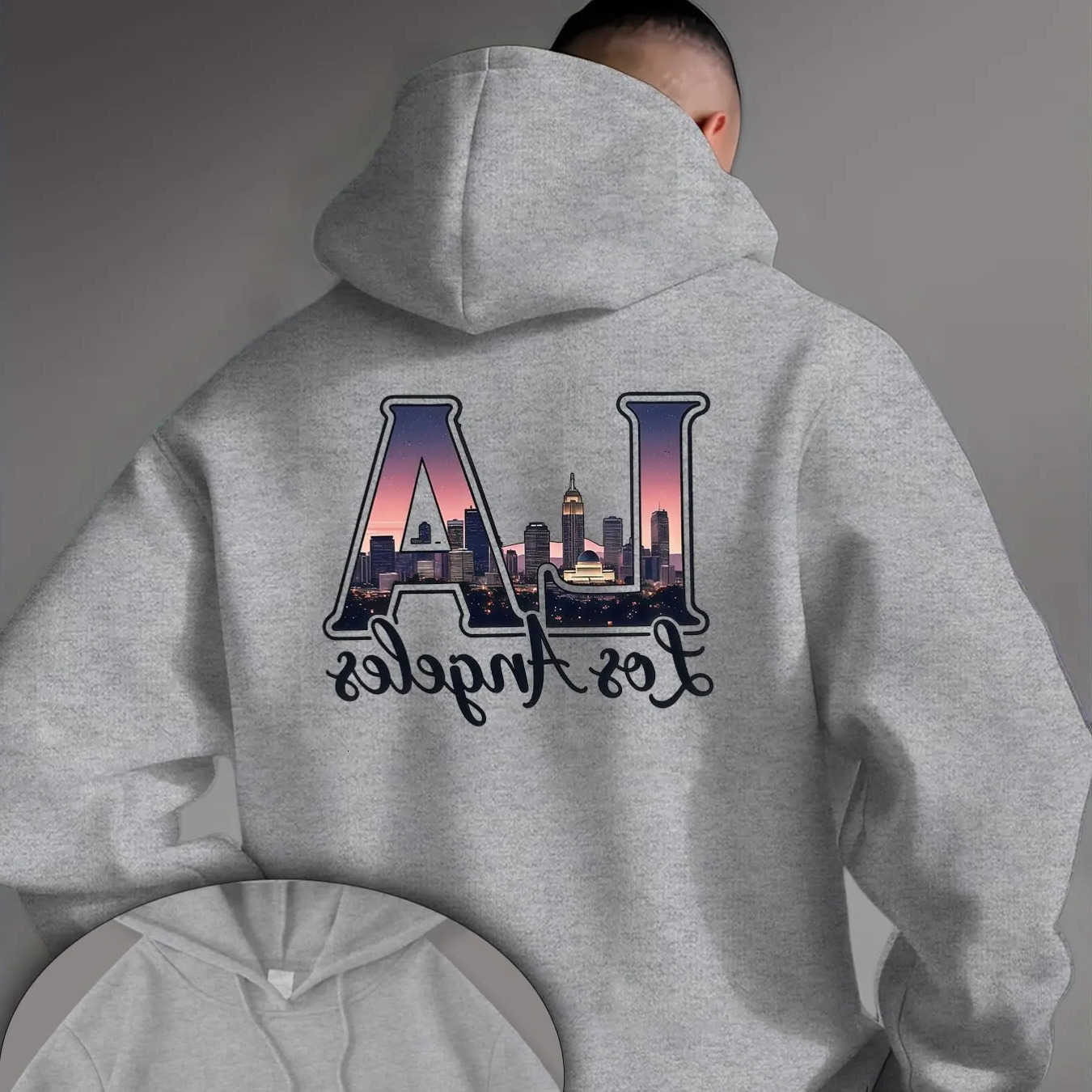 Vintage Men's Hoodies Cityscape Sweatshirts Hoodie For Men LA Los Angeles Downtown Sunset Skyline Back Art Graphic Unisex Loose Long sleeve Pul