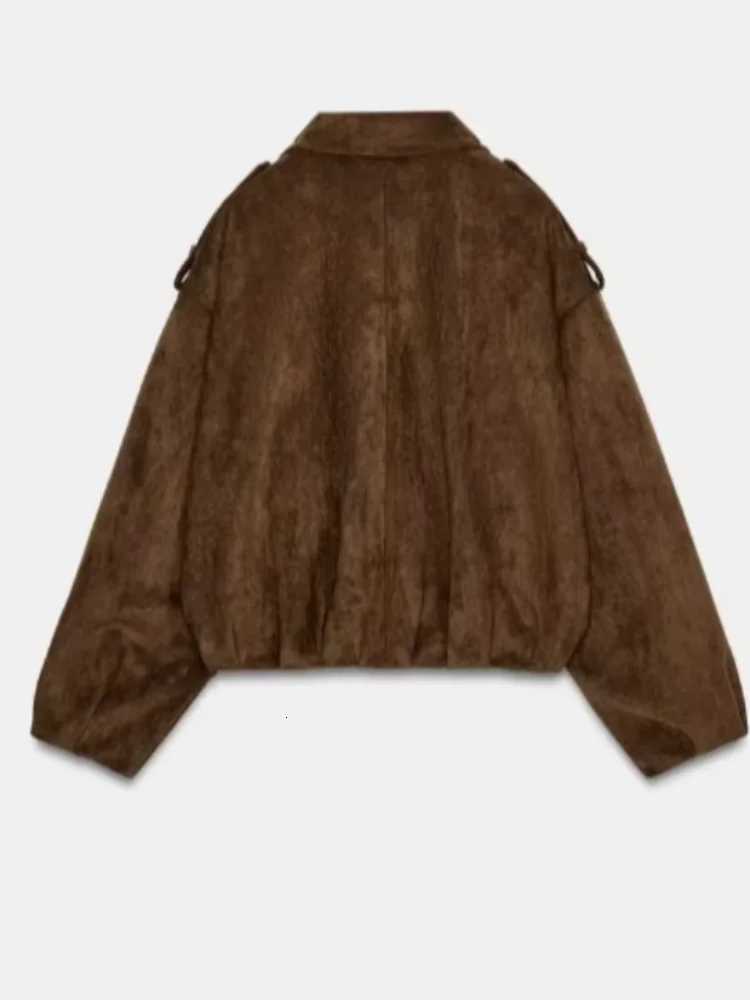 Vintage Brown Women's Suede Jackets Short Jackets Women Chic Lapel Full Sleeve Zipper Pocket Loose Coats Spring Lady Daily Street Outwear New C