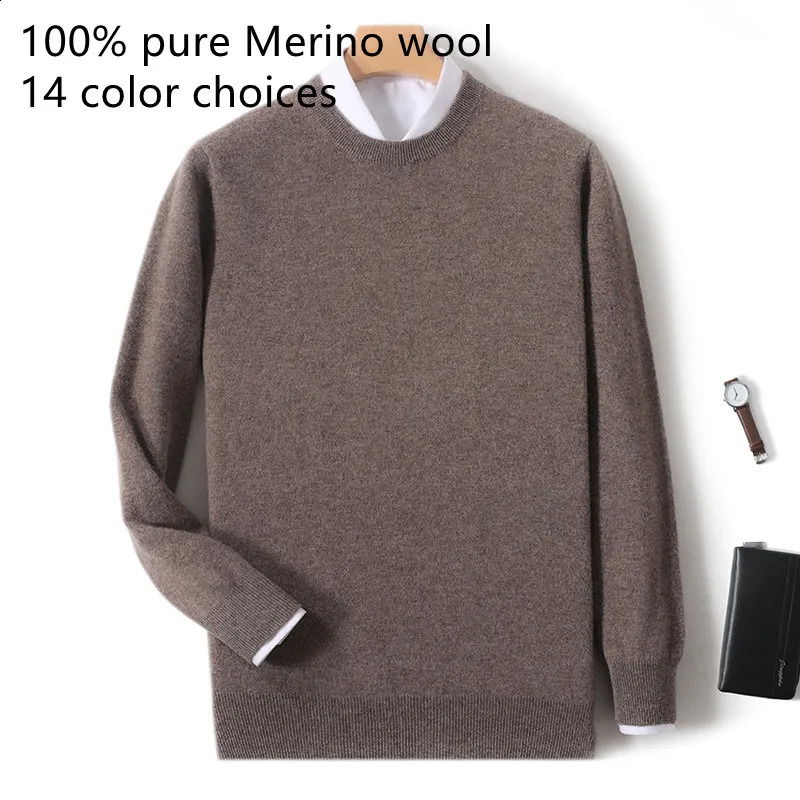 100% Pure Merino Wool Men's Round Neck Pullover Solid Color Plus Size Casual Sweater Autumn And Winter Sports Cashmere Top260921