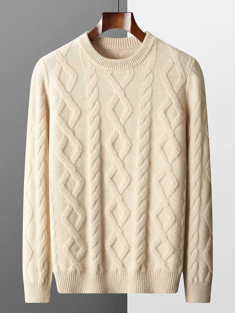 100% Merino Wool Men's Round Neck Thickened Autumn Winter Warm Casual Fashionable Knitted Sweater Q260921