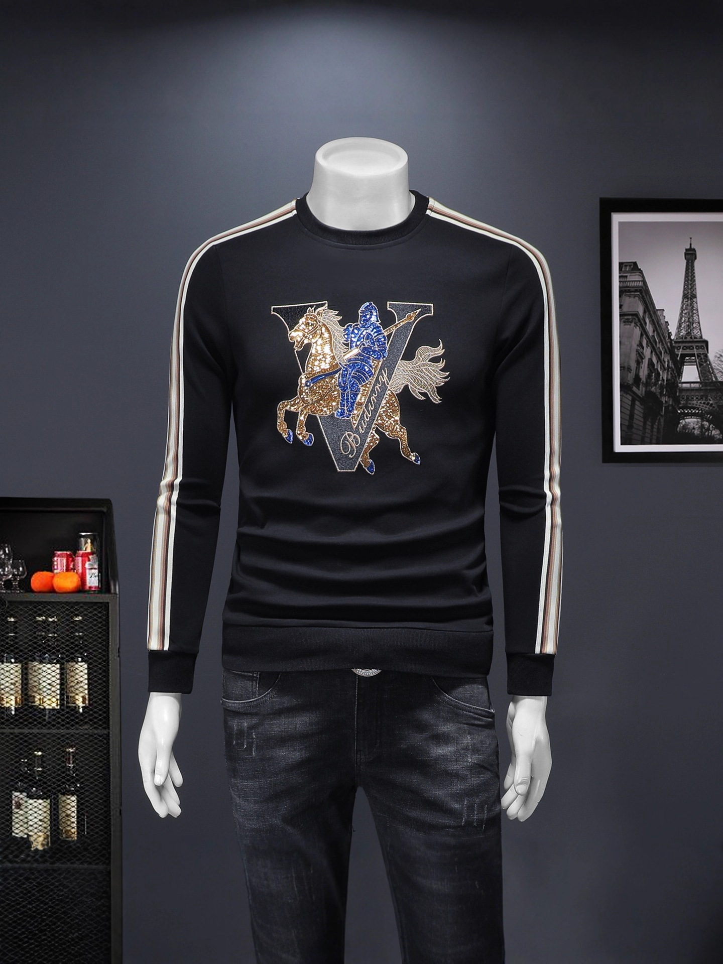 Autumn Winter New Men's Light Luxury Trendy Round Neck Embroidered Casual Sweatshirt Plus Size High-Quality Base Shirt