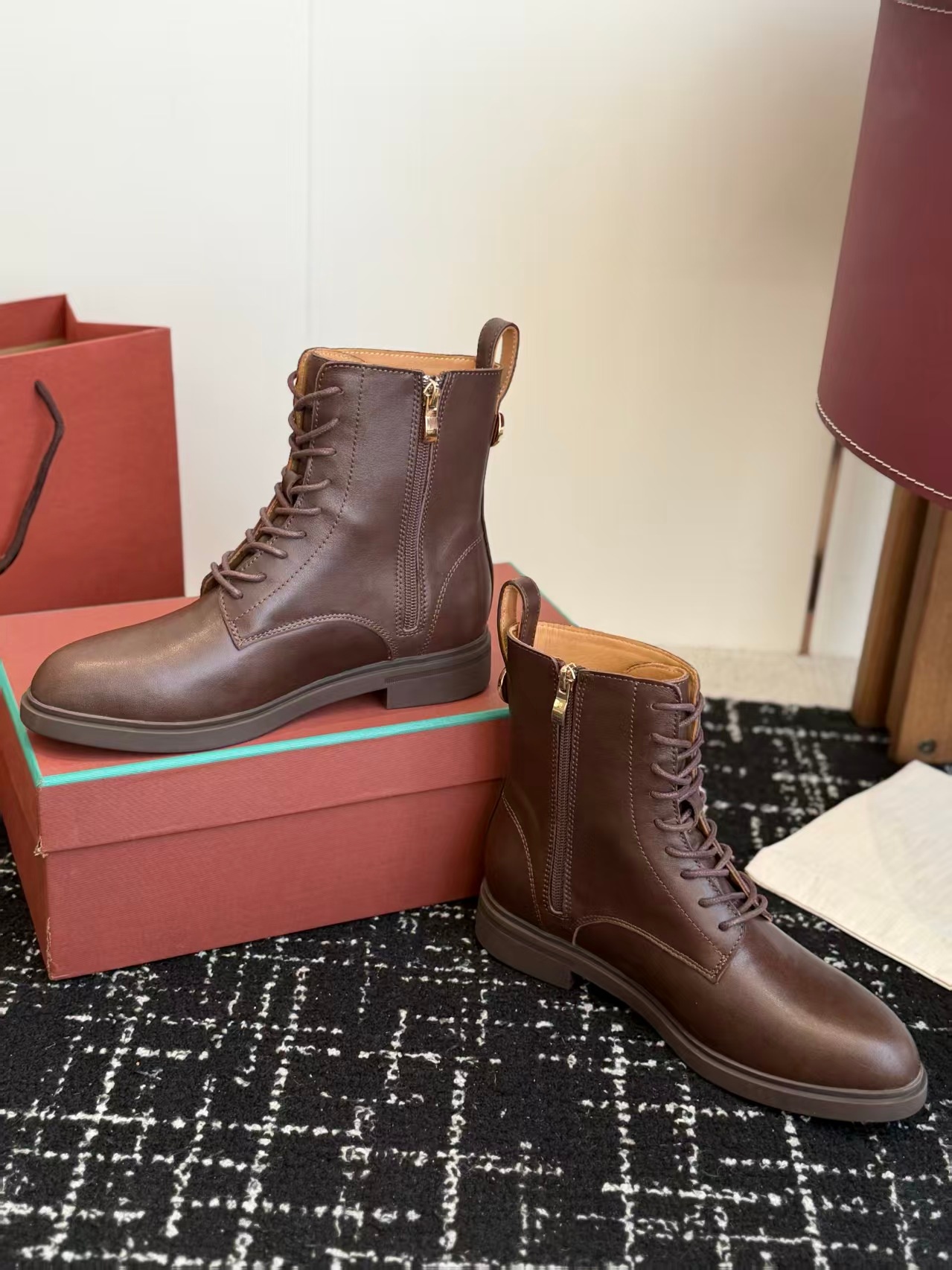 Women Boots Ankle Leather Combat Lace Up Zipper Riding Round Toe Low Heel Winter Fashion Casual Dress Designer Luxury Brown Classic Waterproof Comfo