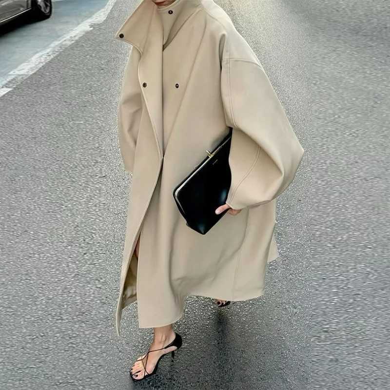 Women's Elegant Autumn Winter Overcoat Bat Slve Loose Solid Long Jacket Stand Collar Outwears 2025 New Female Strtwears T260829