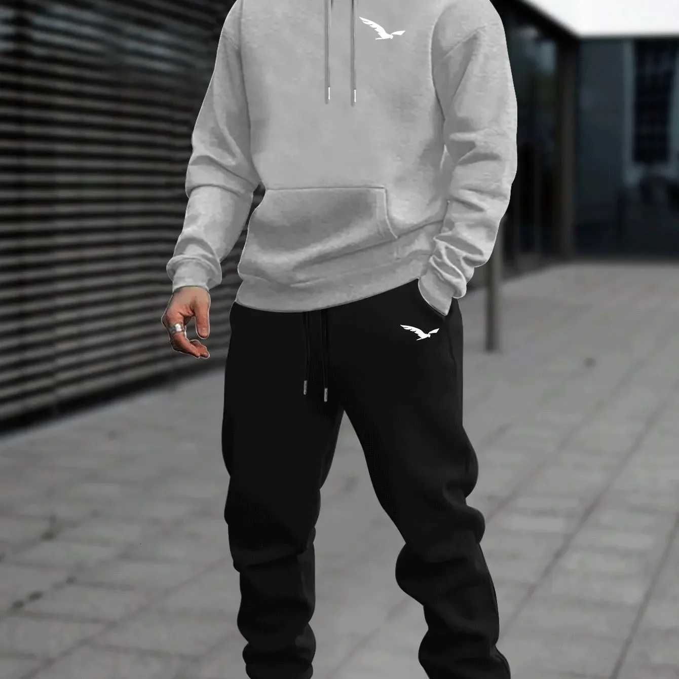 2026 Men's Hoodies bird Sweatshirts printed sportswear set men's hooded sweatshirt long pants set spring and autumn winter warm suit D2609