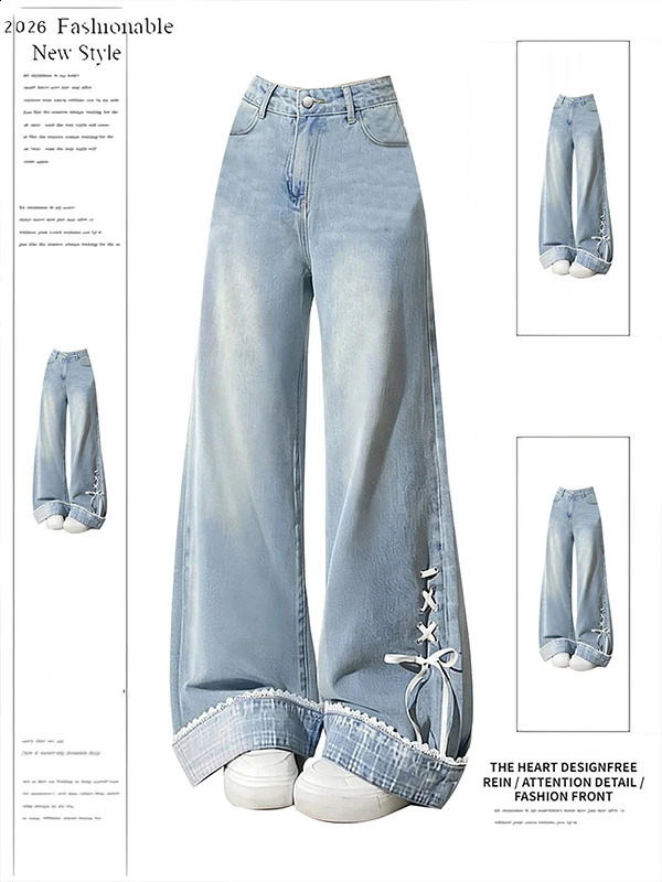 Summer 2026 Womens Loose Straight Leg Denim Jeans Knot Waistband High Waist Zipper Closure Casual American Style 260921