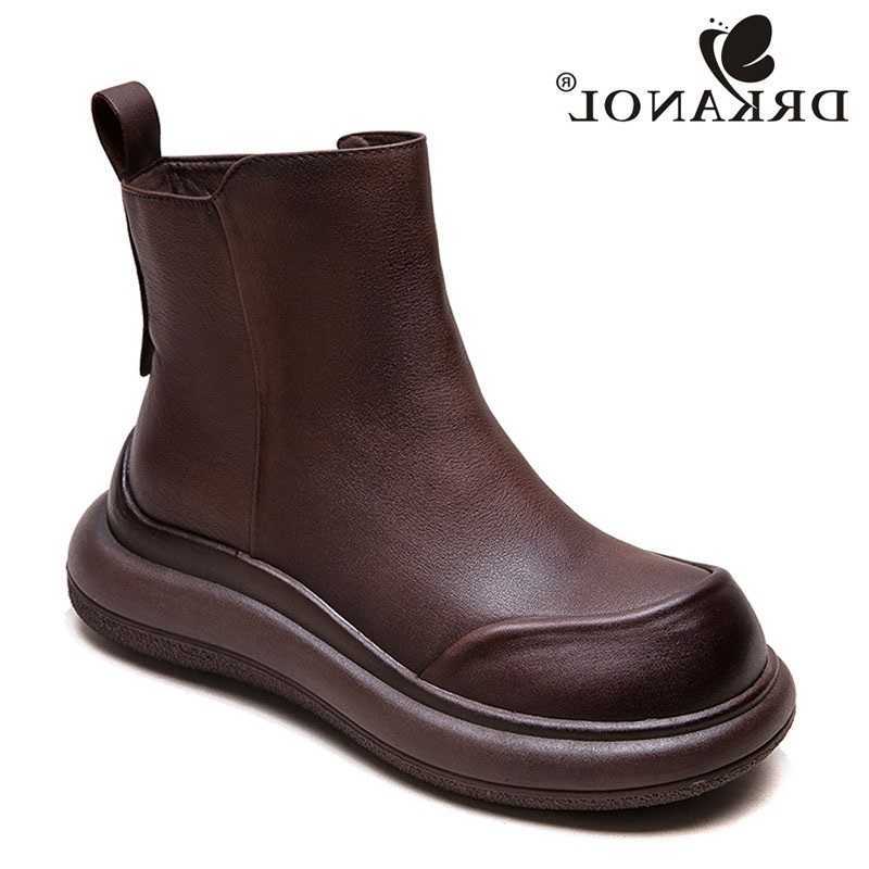 DRKANOL Moda Mujer Botines Botas Otoño Invierno Genuino Cuero de Vaca Estilo Cuñas Hechas A Mano Tacón Cabeza Ancha Botas Cortas Cálidas H260921