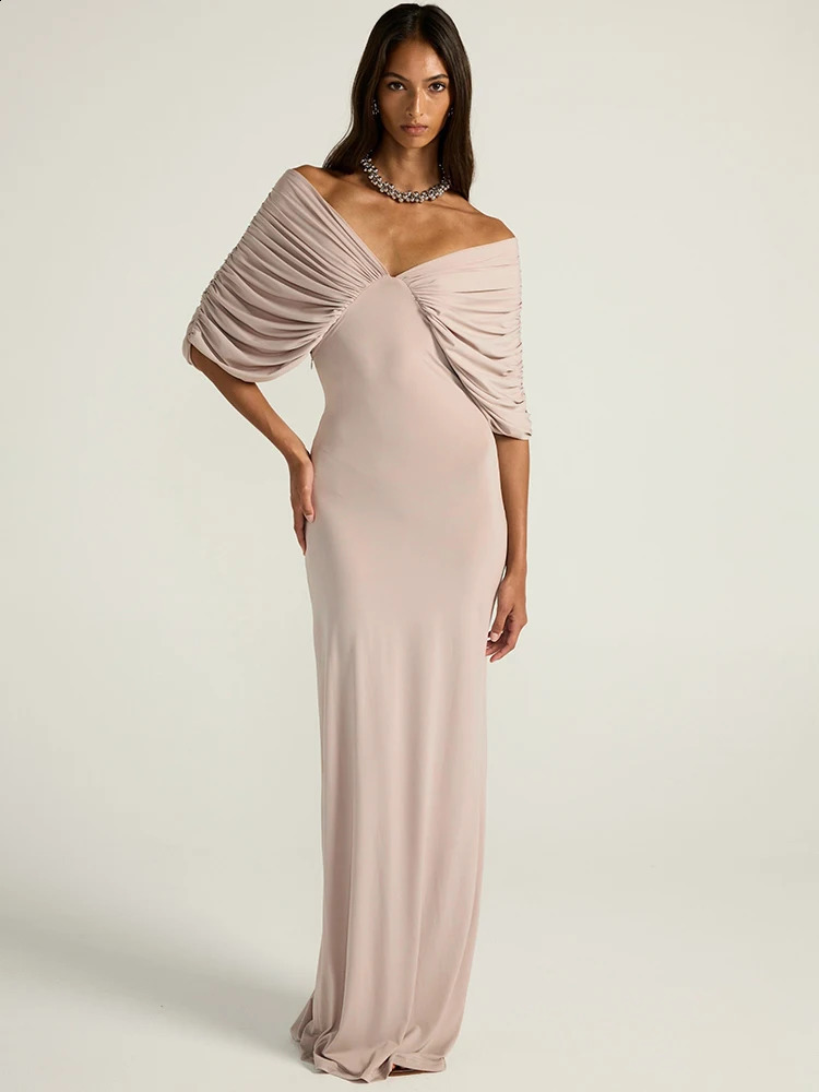 Mozision Women Off-shoulder Ruched Sexy Maxi Dress Elegant Deep V Neck Draped Sleeve Bodycon Club Party Long Dresses Female 260920