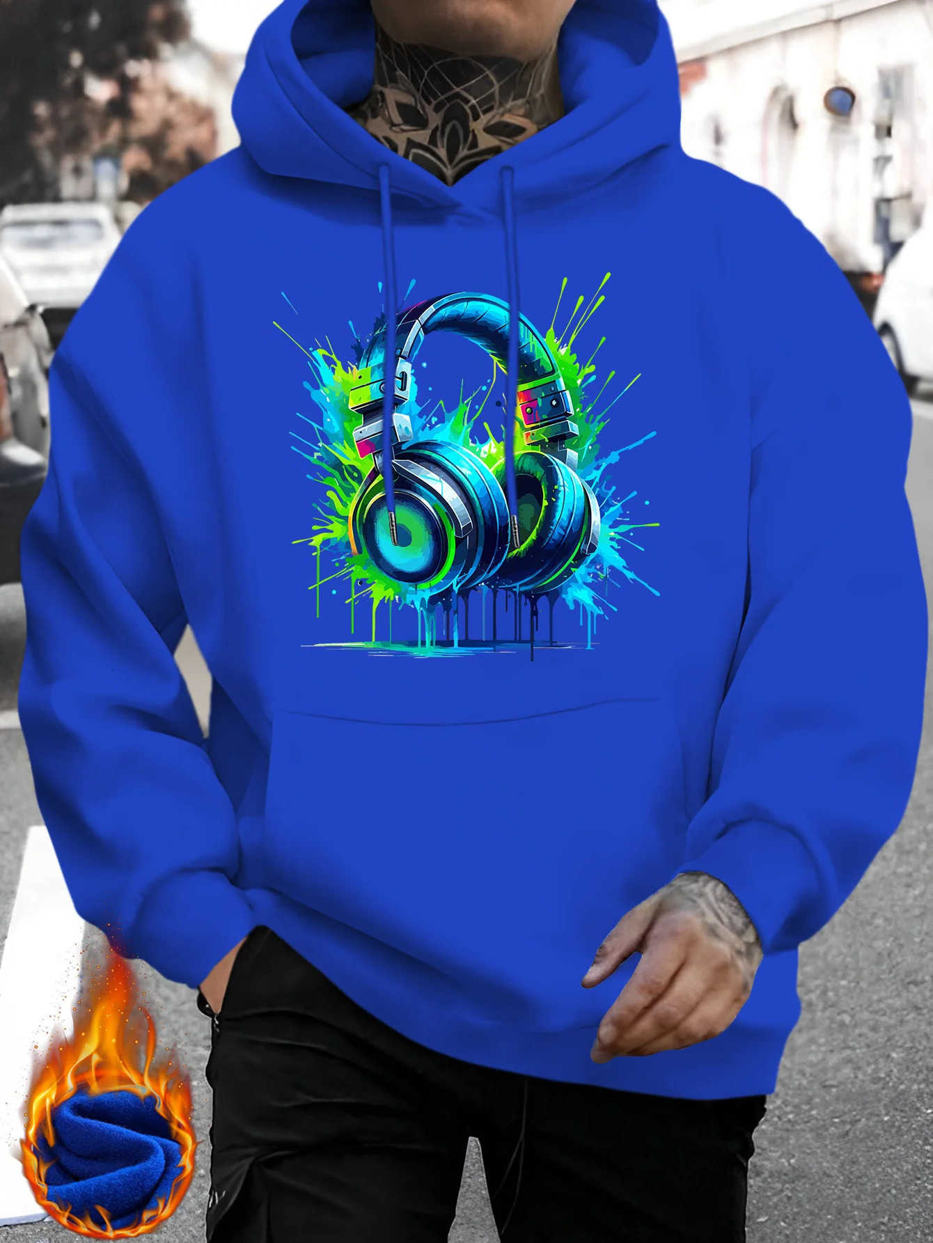 Men Men's Hoodies Sweatshirts 2026 Vintage Hoodie Autumn Winter Bright Paint Splash Headphones Music Print Loose Streetwear Pullover Sweatshirt