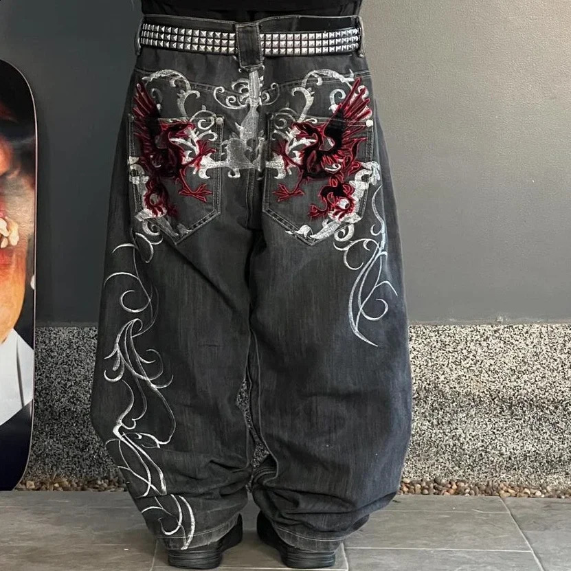 Streetwear Y2K Gothic Denim Trousers Harajuku Punk Dinosaur Embroidery Washed Jeans Hip Hop Wide Leg Oversized Jeans Mens Womens 260921