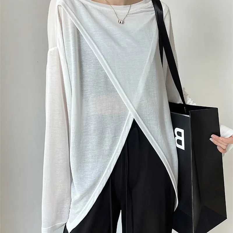 Women's T-Shirt Summer Elegant Fashion Harajuku Slim Fit Female Clothes Loose Casual All Match Tshirts Solid O Neck Thin Style Long Sleeve Tees